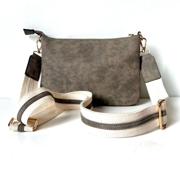 VR Nyc Zip Closure Webbing Strap Whipstitch Greige Crossbody Bag - Picture 5 of 16